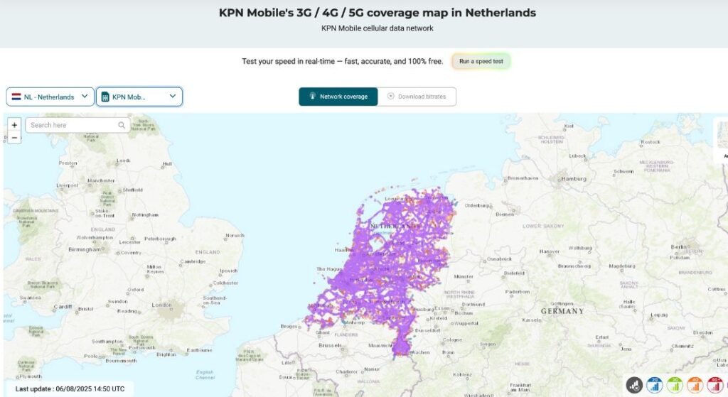 Coverage map of KPN Mobile’s 3G, 4G, and 5G networks across the Netherlands, showing widespread high-speed connectivity including dense coverage in major cities like Amsterdam, Rotterdam, and Utrecht.