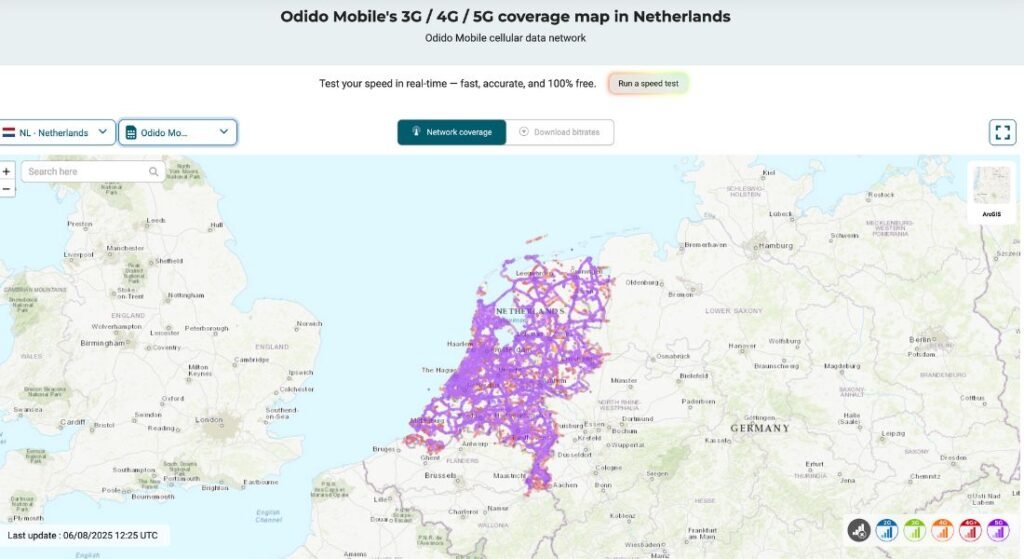 Coverage map of Odido Mobile’s 3G, 4G, and 5G networks in the Netherlands, showing extensive high-speed data availability throughout the country, especially in urban areas like Amsterdam, Utrecht, and Rotterdam.