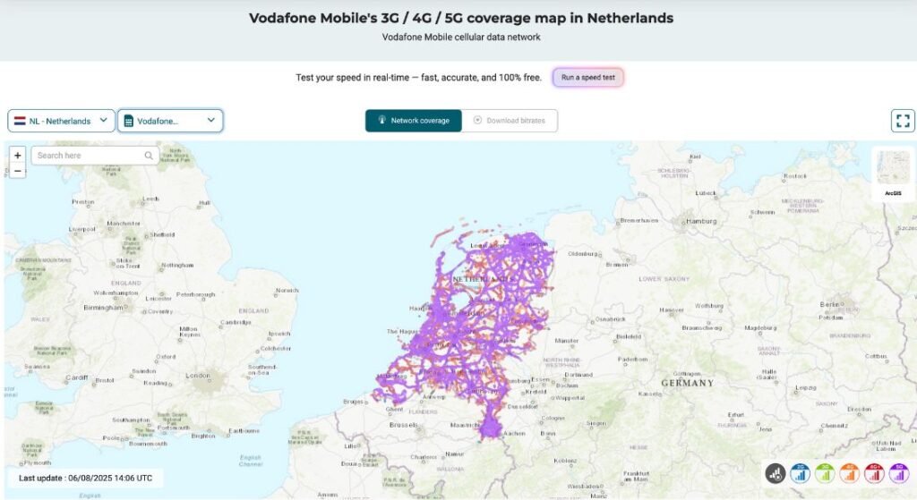 Coverage map of Vodafone Mobile’s 3G, 4G, and 5G networks in the Netherlands, highlighting widespread high-speed mobile signal across the country, including cities like Amsterdam, Rotterdam, and The Hague.